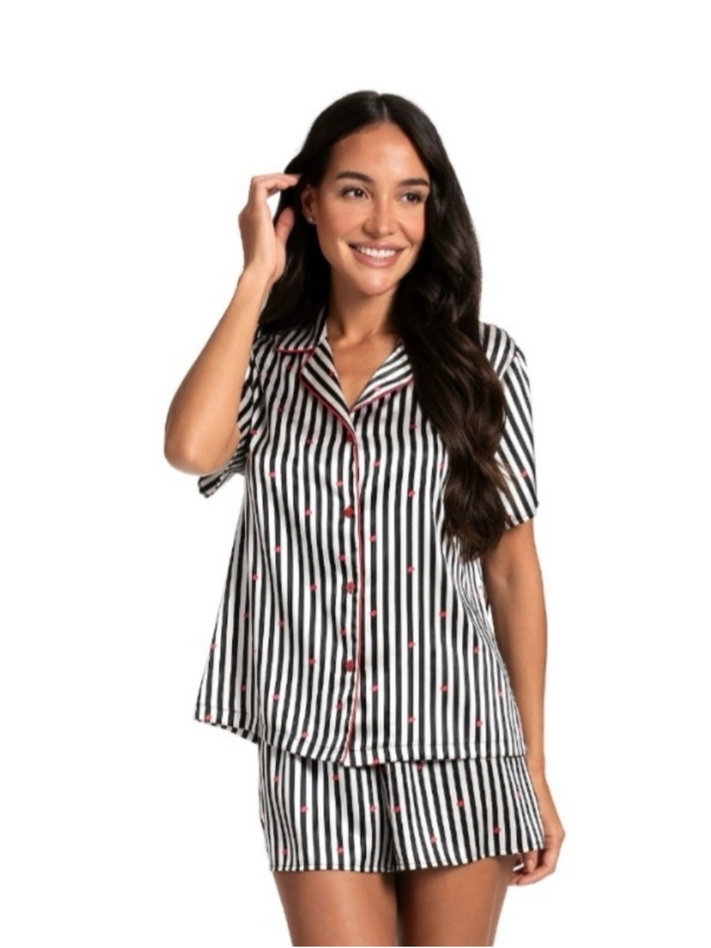 Lilac & London Black & White Striped Short Pajama Set with Red Hearts